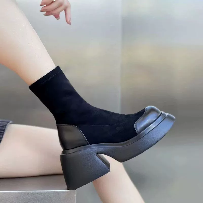 High demi-season elastic low boots platform