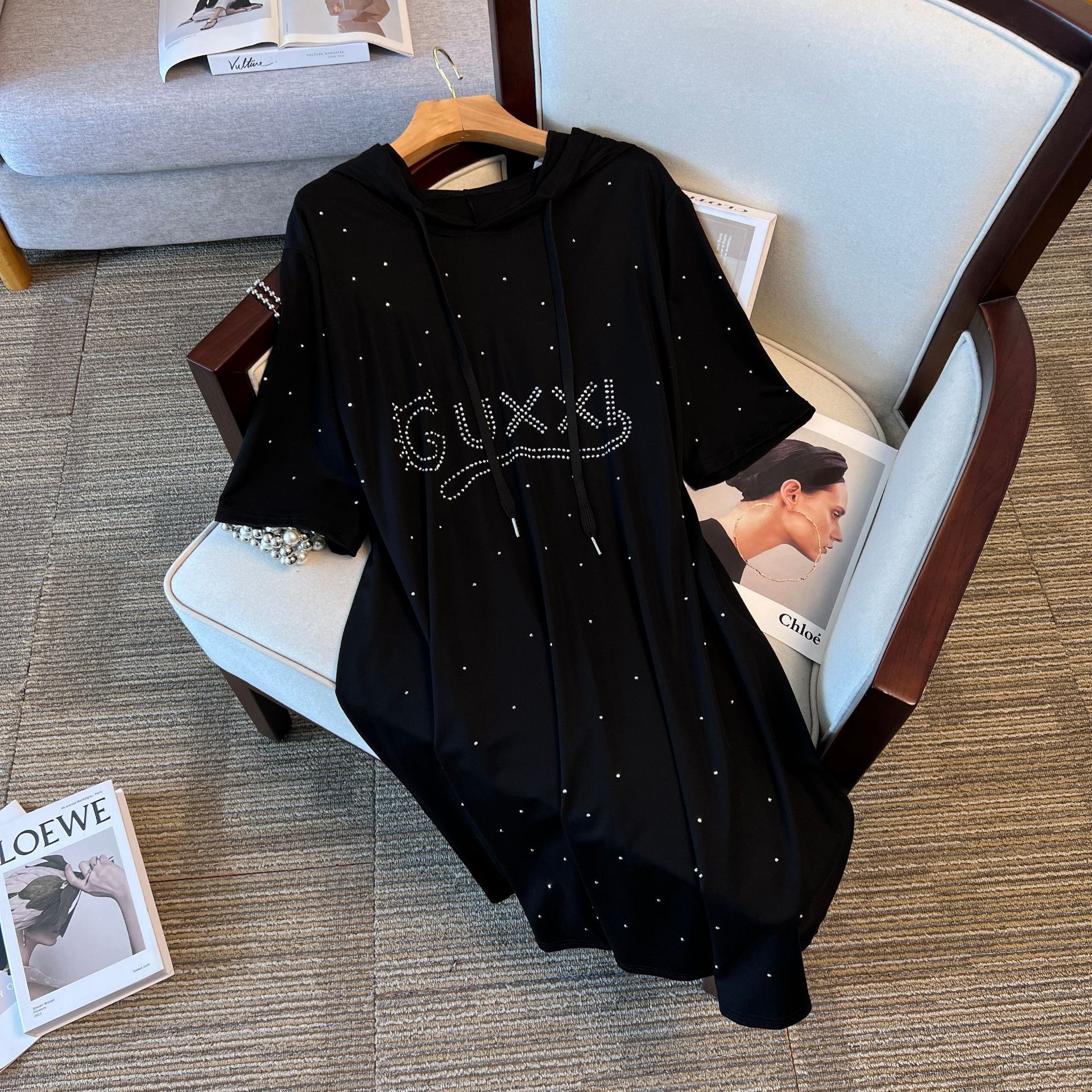 Bust 150 fat mm summer new product plus fat plus size women's loose hooded sweatshirt dress 300 catties 9539