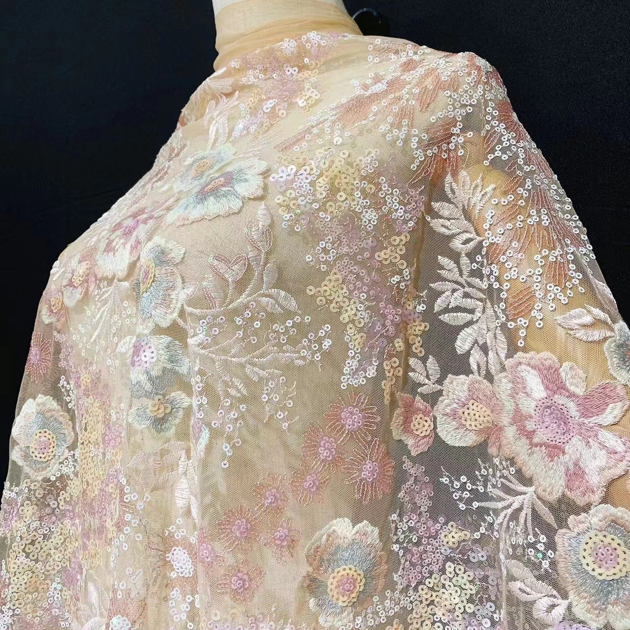 高定进口多色重工网纱刺绣水晶亮片彩色蕾丝布料礼服旗袍绣花面料