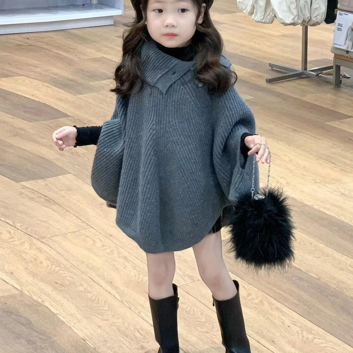 韩版女童2025秋冬新款灰色坑条斗篷外套中大童黑白格纹半身裙套装
