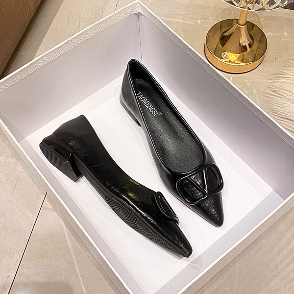 Giày cao gót nữ mũi nhọn khóa vuông da mềm gót thấp 3 cm — màu đen, màu đỏ, quả mơ