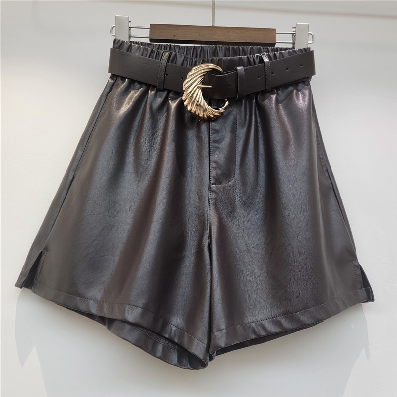 Pantalones Cortos A-Line de Cuero PU de Cintura Alta para Mujer