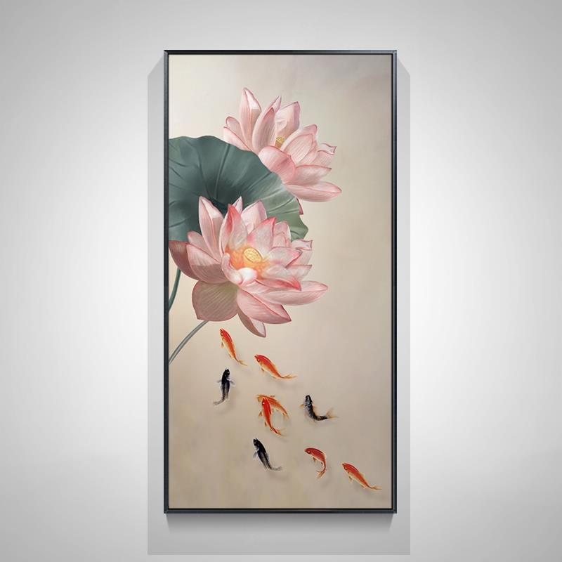 蓮と魚の絵スプレー油絵玄関装飾絵画垂直バージョン新中国風のリビングルームライト高級ハイエンド吊り絵画|undefined