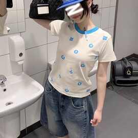 40支酷丝棉 字母印花短袖t恤女夏季新款修身显瘦拼接撞色辣妹上衣