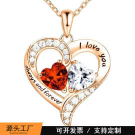 亚马逊跨境新款镶钻十二月份诞生石爱心吊坠生辰石项链女时尚百搭