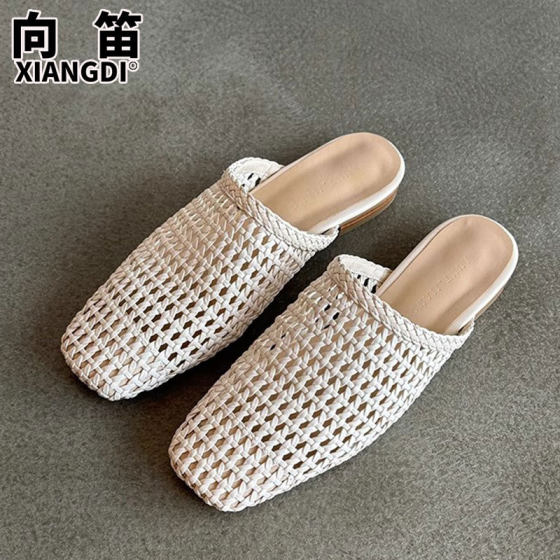 Sheepskin Handmade Woven Baotou Half Slippers Women's Summer Outwear Breathable Hollow-out Hole Shoes Flat Sandals
