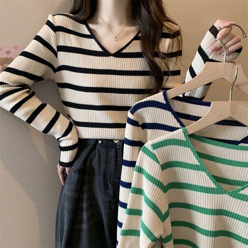 Lazy Style Loose Stripesd Long-Sleeved Knitwear for Women Spring & Fall New Top V Neck Slim Versatile Chic Bottoming Shirt