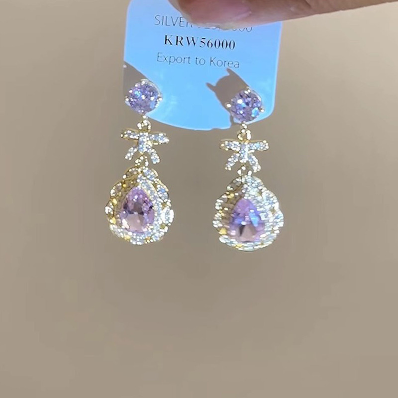 重工業の軽豪華な高級感の紫色の水滴のペンダントの耳のクリップの耳の穴がないファッションの甘くて、ダイヤモンドの蝶結びのイヤリングの女性を入れます。|undefined