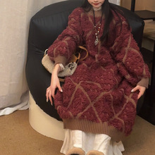加厚秋冬新款慵懒风圆领长袖中长款针织毛衣过膝复古小众连衣裙