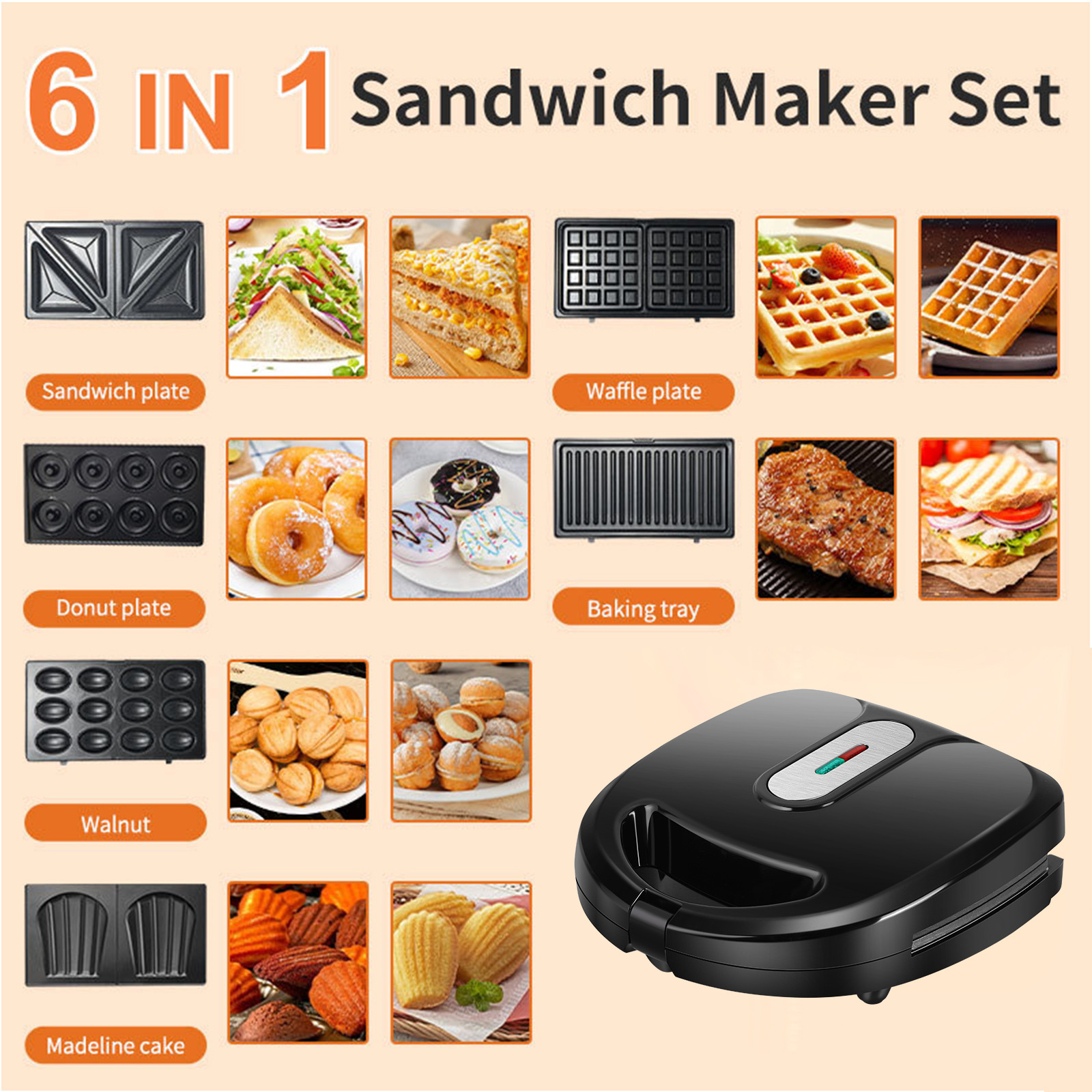 110V máquina de tres platos estándar estadounidense, bandeja para hornear eléctrica, máquina de pastel Madeleine, máquina de desayuno, máquina de waffle seis en uno, máquina de donas
