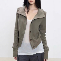 外套女2025新款秋季修身短款显瘦休闲百搭高领上衣女长袖灰绿色棉
