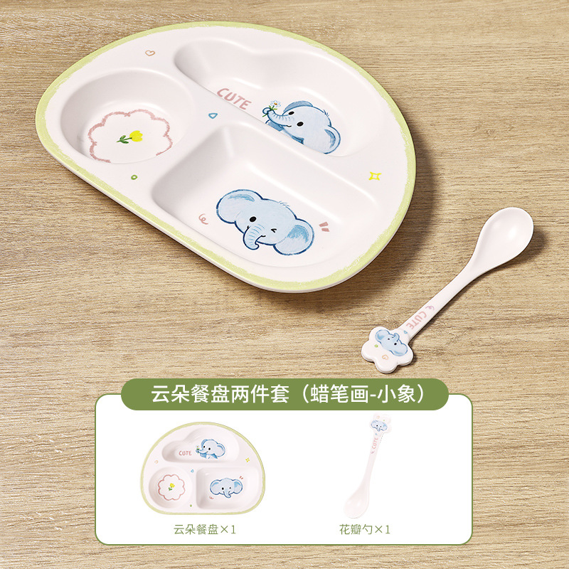 크레용으로 그린 ​​코끼리 접시 + 스푼