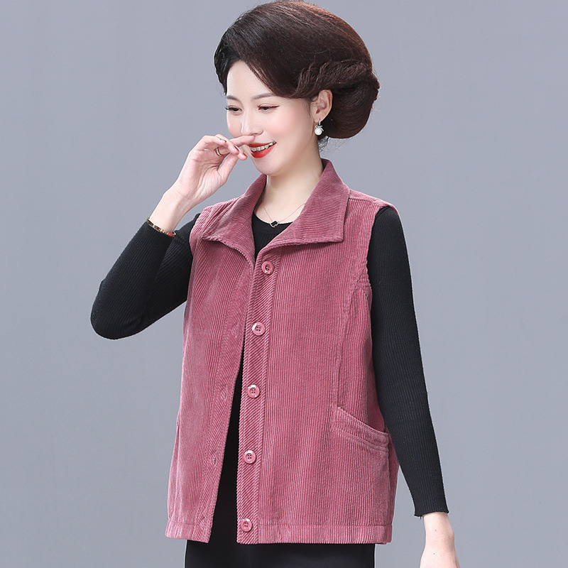 Middle-aged and Elderly Women's Vest Short Spring and Autumn Top Fashion Coat Corduroy Mom's Vest for Outer Wear