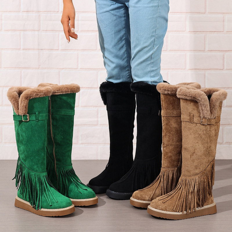 Juti Shoes in Stock, One-Piece Dropshipping, Shein 2025 New Model in Stock, Autumn and Winter Women's Snow Cotton Boots, Tassel Long Boots