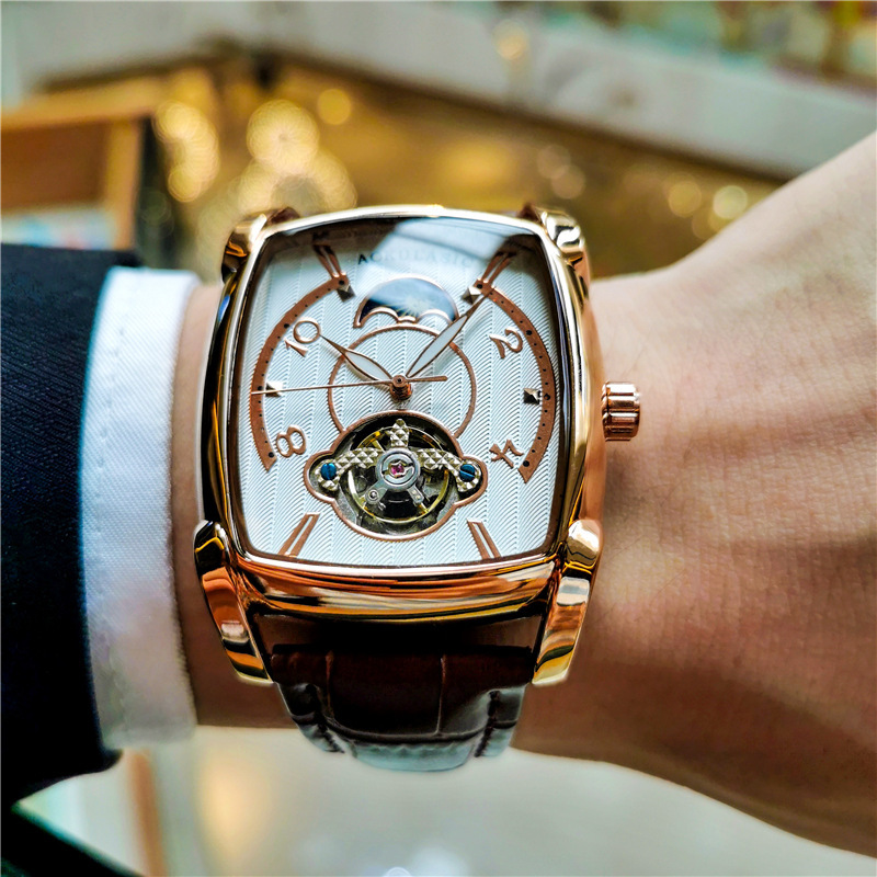 Ogulas reloj cuadrado de los hombres gran dial hueco transparente reloj mecánico automático de gama alta de cuero casual reloj de los hombres