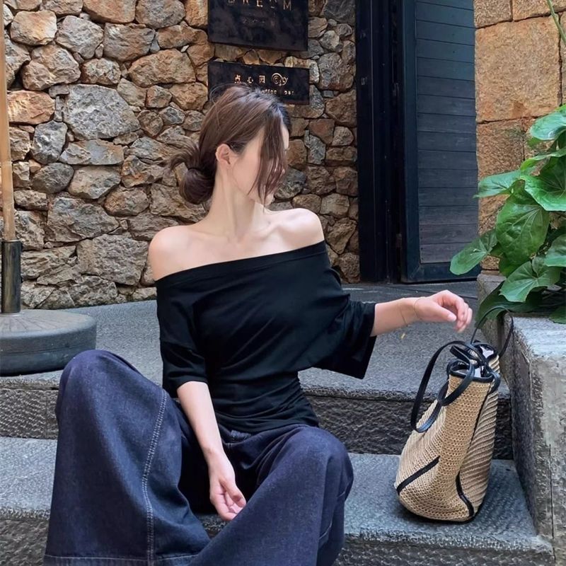 コーマ綿斜め肩ワンショルダー半袖Tシャツ夏新作スリム不規則スリムデザインホットガールレイジートップ|undefined