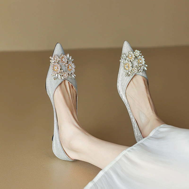 Модная свадебная обувь, с бриллиантами, низкий вырез, европейский стиль, легкая роскошь, французский стиль