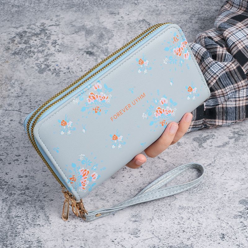 Nuevo estilo de mujer larga doble cremallera estilo coreano estudiantes flores de gran capacidad bolso de teléfono móvil bolso de mano bolso de cambio suave