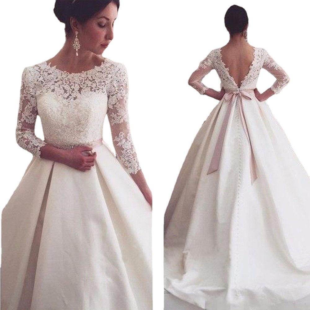 Comercio exterior de europa y américa amazon AliExpress deseo elegante de encaje cuello redondo de manga larga sexy vestido de novia sin espalda largo