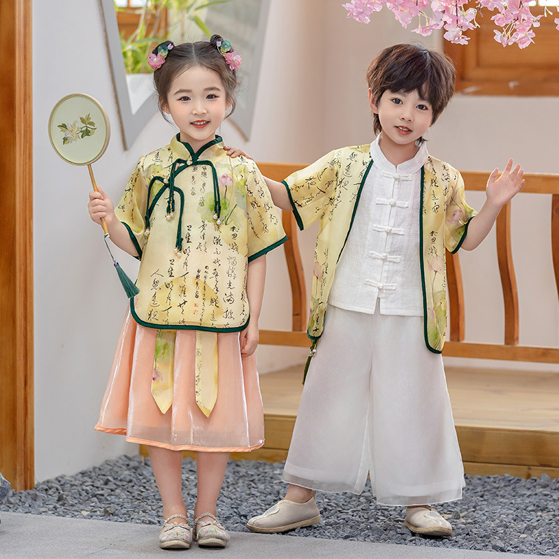 漢服女童夏季短袖中國風男童唐裝男女孩古裝民族風套裝六一演出服