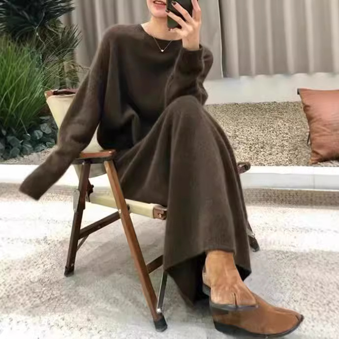 跨境外贸直筒裙+毛衣两件套秋冬新款慵懒风欧美大码套装针织衫女