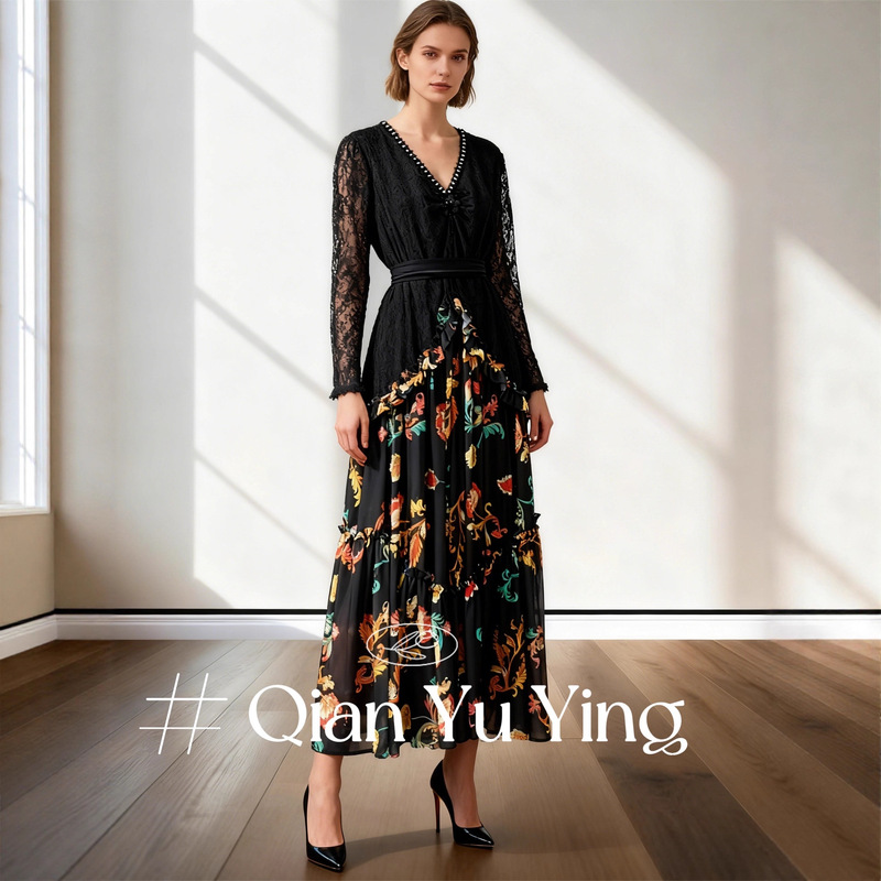 Patchwork Dress Spring and Autumn Women's Sweet Slim Waist Printed Elegant French Print New Fashion New Floral