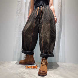 加绒牛仔裤 2025冬季新款 复古个性大版松紧腰拼接烧花裤子女120