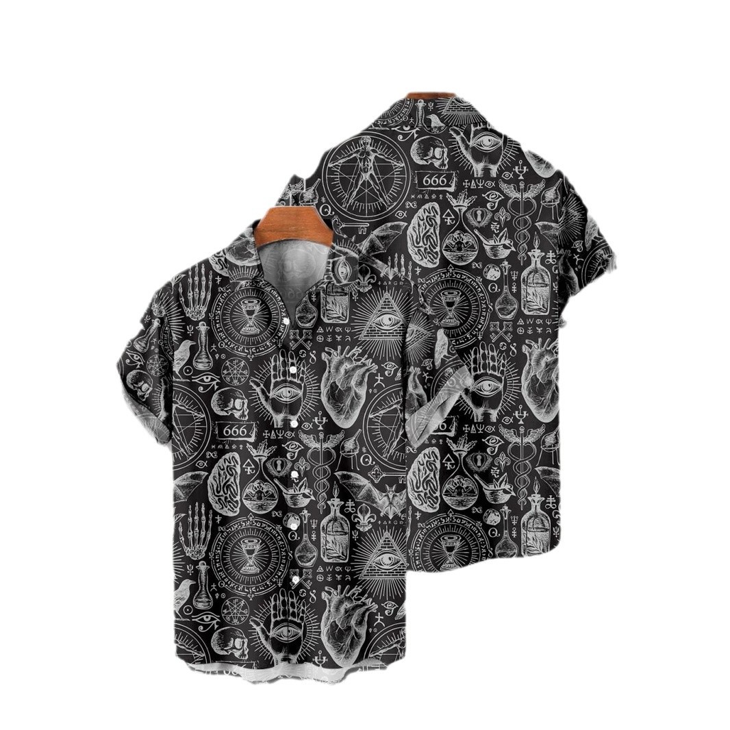 Retro abstracto ojo de cielo estampado 3D hombre calle alta suelta manga corta solapa botón camisa hawaiana en stock