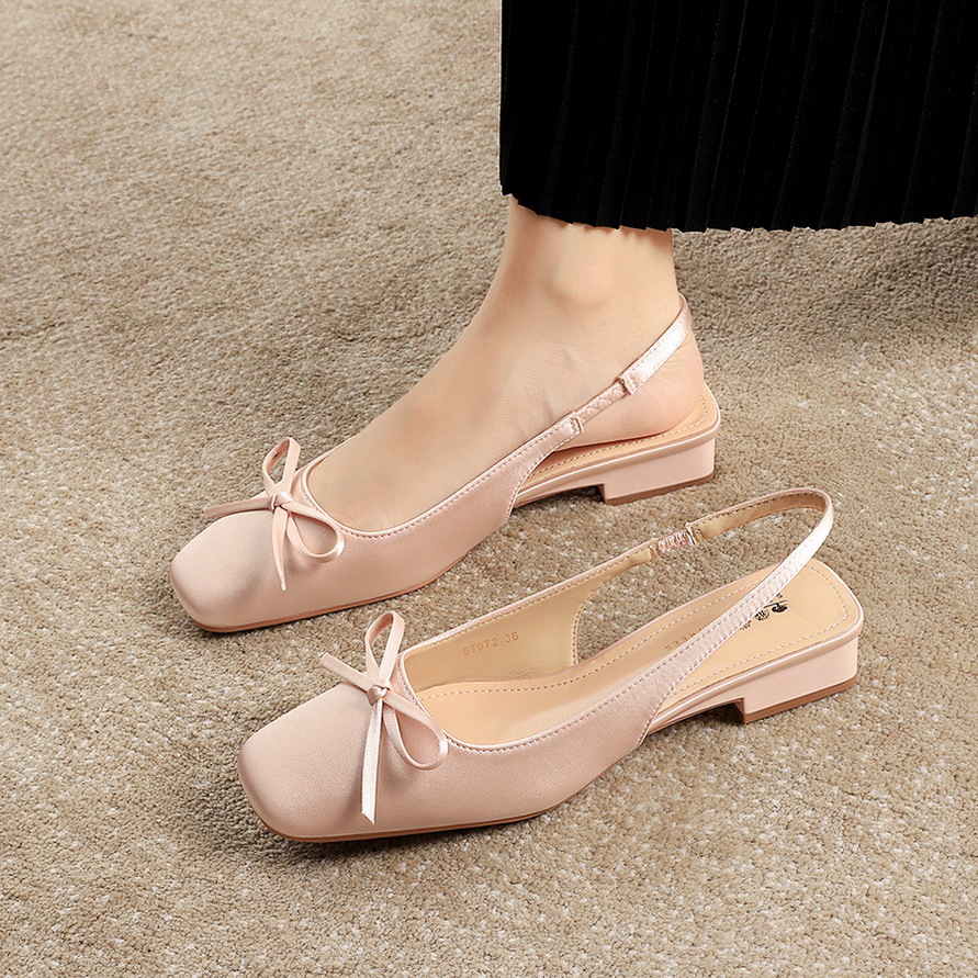 972-H101 Exquisite French style small square toe single shoe versatile bow bow shallow back low heel silk evening style women's shoes