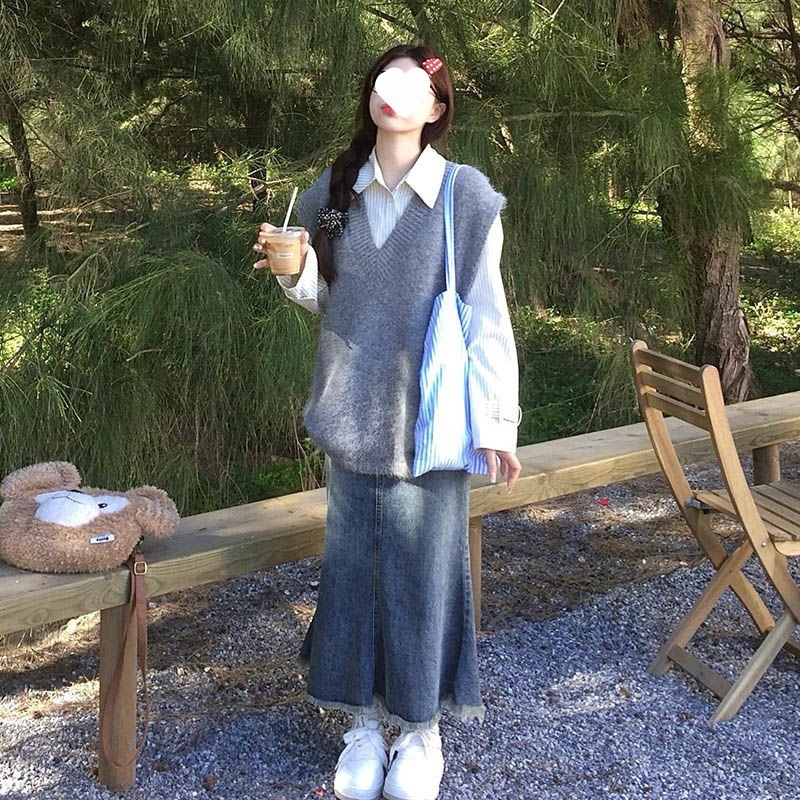 秋季穿搭一整套文艺小清新牛仔半身裙子+灰色马甲+条纹衬衫三件套|undefined