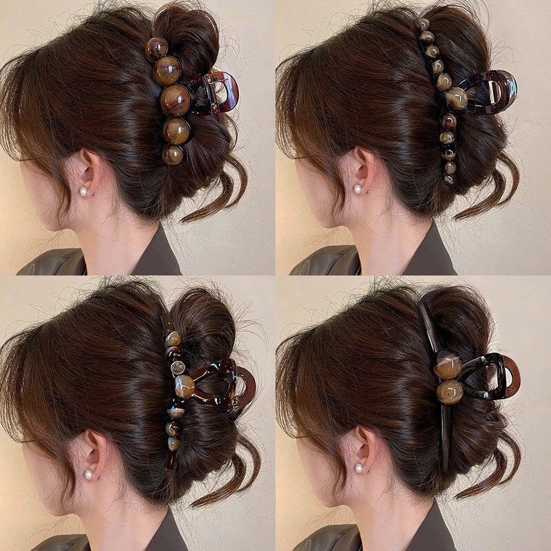 2026 New Style Elegant Amber Bead Hair Clip for Women, Large Hairpin for the Back of the Head, High-End Shark Clip Hair Accessory