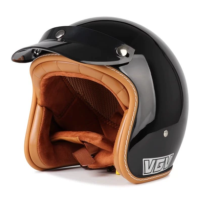Motosiklet kaskı (dəbilqə) — New vintage motorcycle helmet, summer helmet - glossy-black-black-brim-m55-56