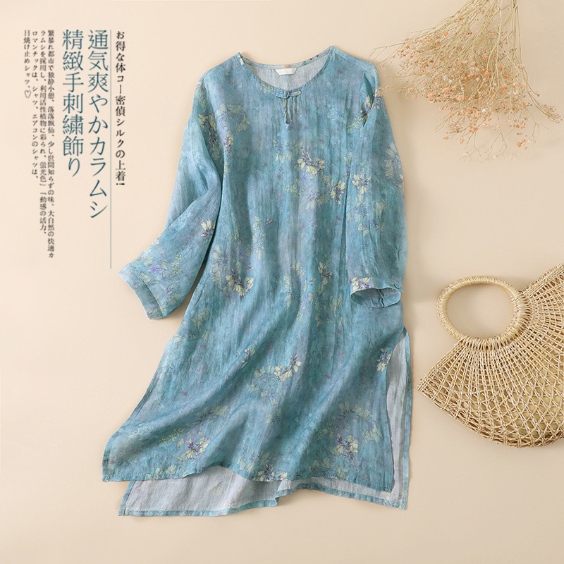 Clearance Women's Clothing Counter Cotton and Linen Printed Seven-Sleeve Dress Loose Casual Mid-Length Top Trendy