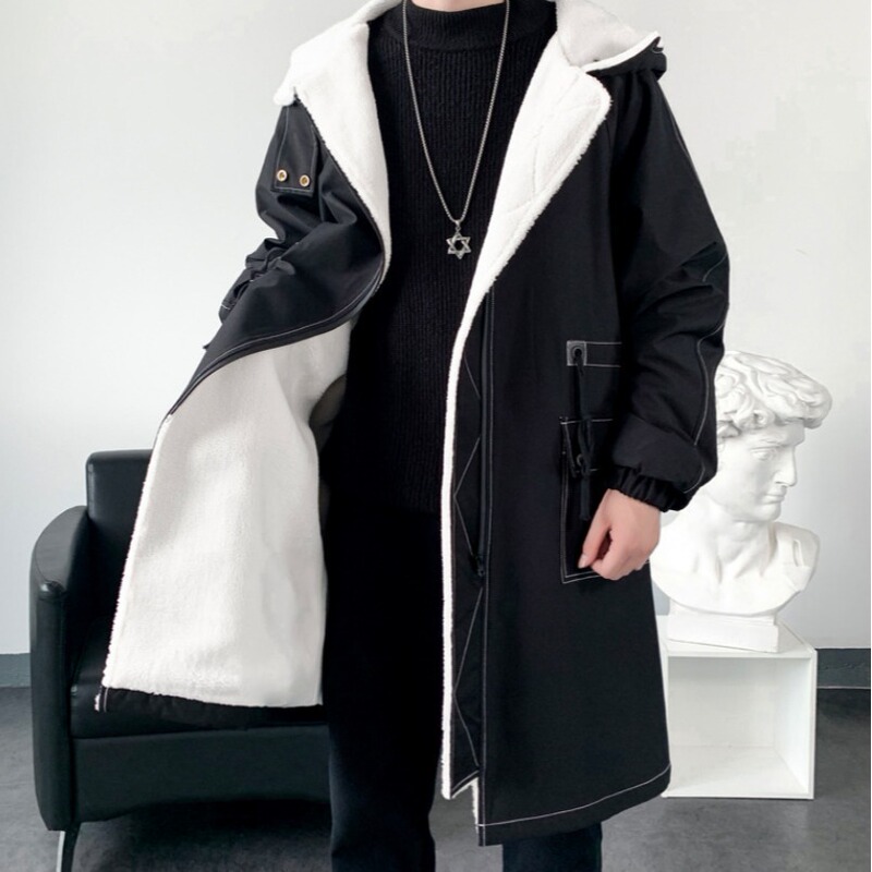 2024 Men's Casual Coat Men's Mid-length Coat Youth fleece-lined Lamb Wool Hooded Coat Waisted Pike