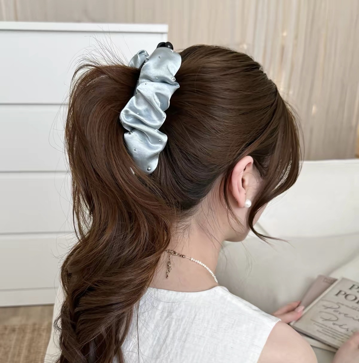 90# blue cloud dot diamond satin banana twist clip-10cm