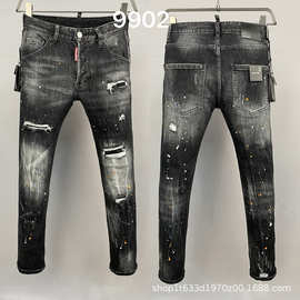 9902型时尚D2男装牛仔长裤破洞意大利风磨白小直脚跨境潮牛仔裤