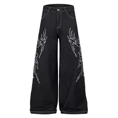 American Trendy Dark European and American High Street Yabi Vibe Embroidered Thorn Loose Wide-Leg Floor-Length Denim Pants