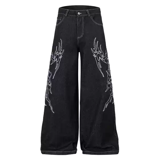 American Trendy Dark European and American High Street Yabi Vibe Embroidered Thorn Loose Wide-Leg Floor-Length Denim Pants