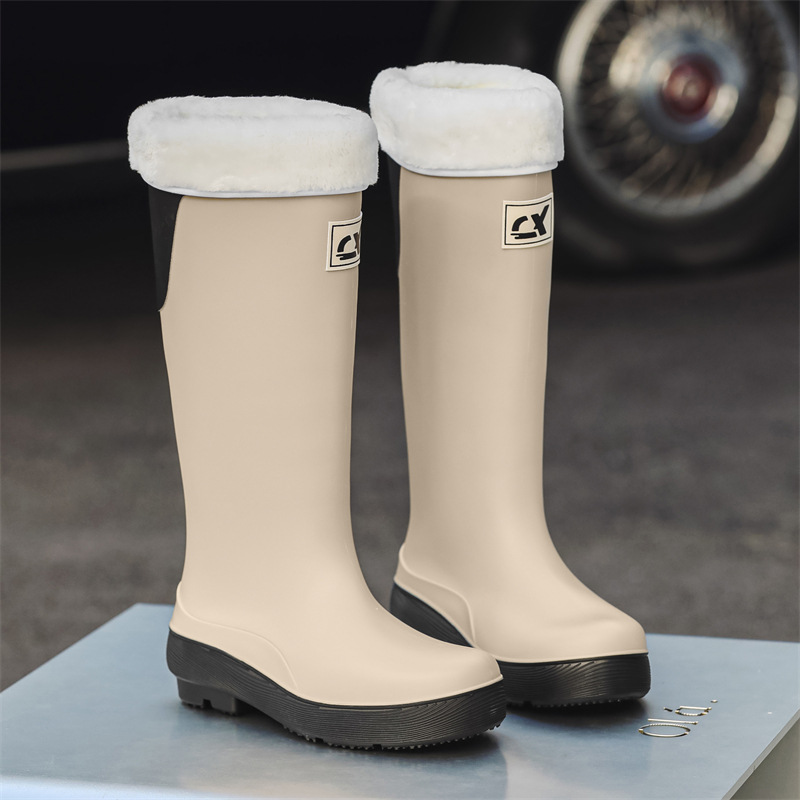 Botas de lluvia de tubo alto, botas de lluvia de moda para mujer, zapatos impermeables de suela gruesa para exteriores, zapatos de goma y botas de agua de tubo largo de terciopelo, mujeres transfronterizas image 13