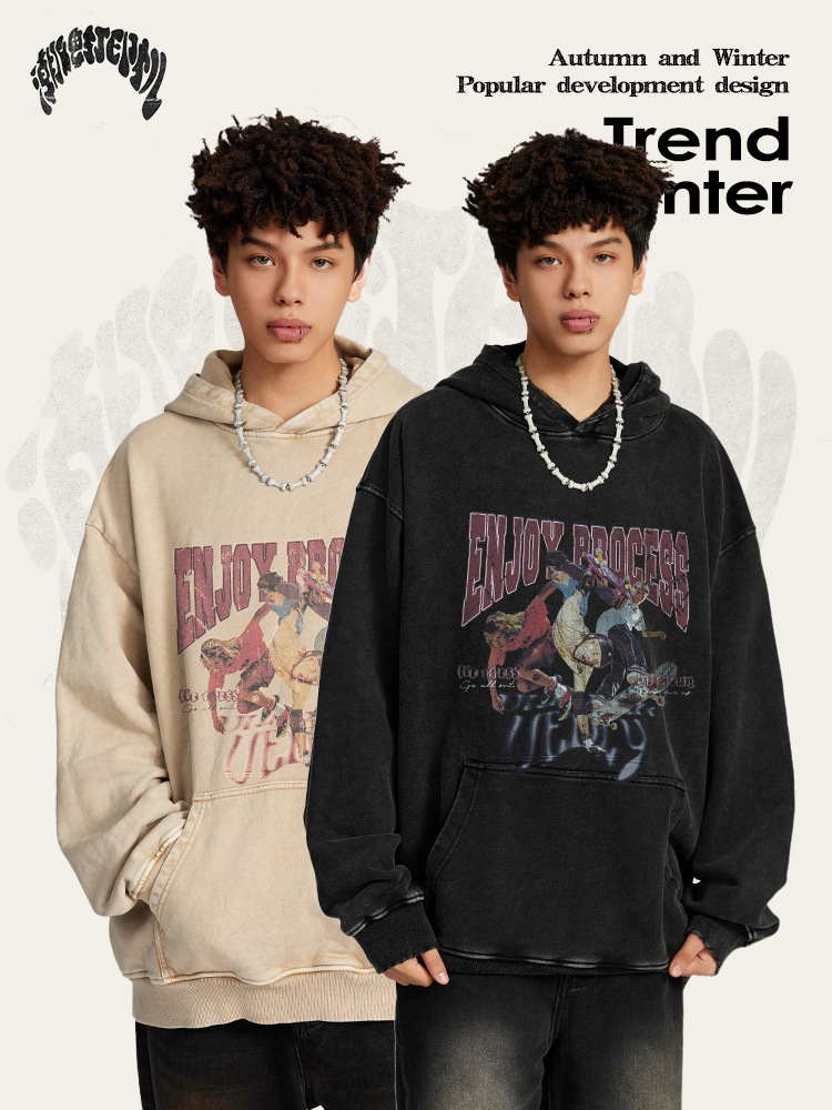 Impresora de marcas| 2025 otoño y invierno juveniles sueltos algodón skate con sudadera encapuchada sudadera de lavado de agua americana para hombres