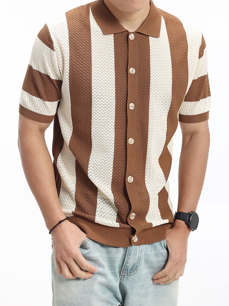 Camisas de polo de hielo de punto a rayas de estilo antiguo, camisetas de color contrastante, camisetas casuales de negocios, mangas cortas para hombres