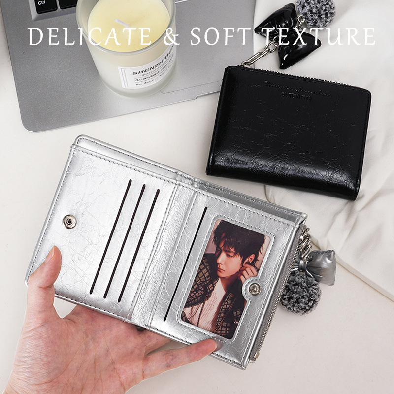 Cross-Border New Wallet Solid Color Crackle Pattern Bow Pendant Zipper Buckle Wallet Gothic Stylish European and American