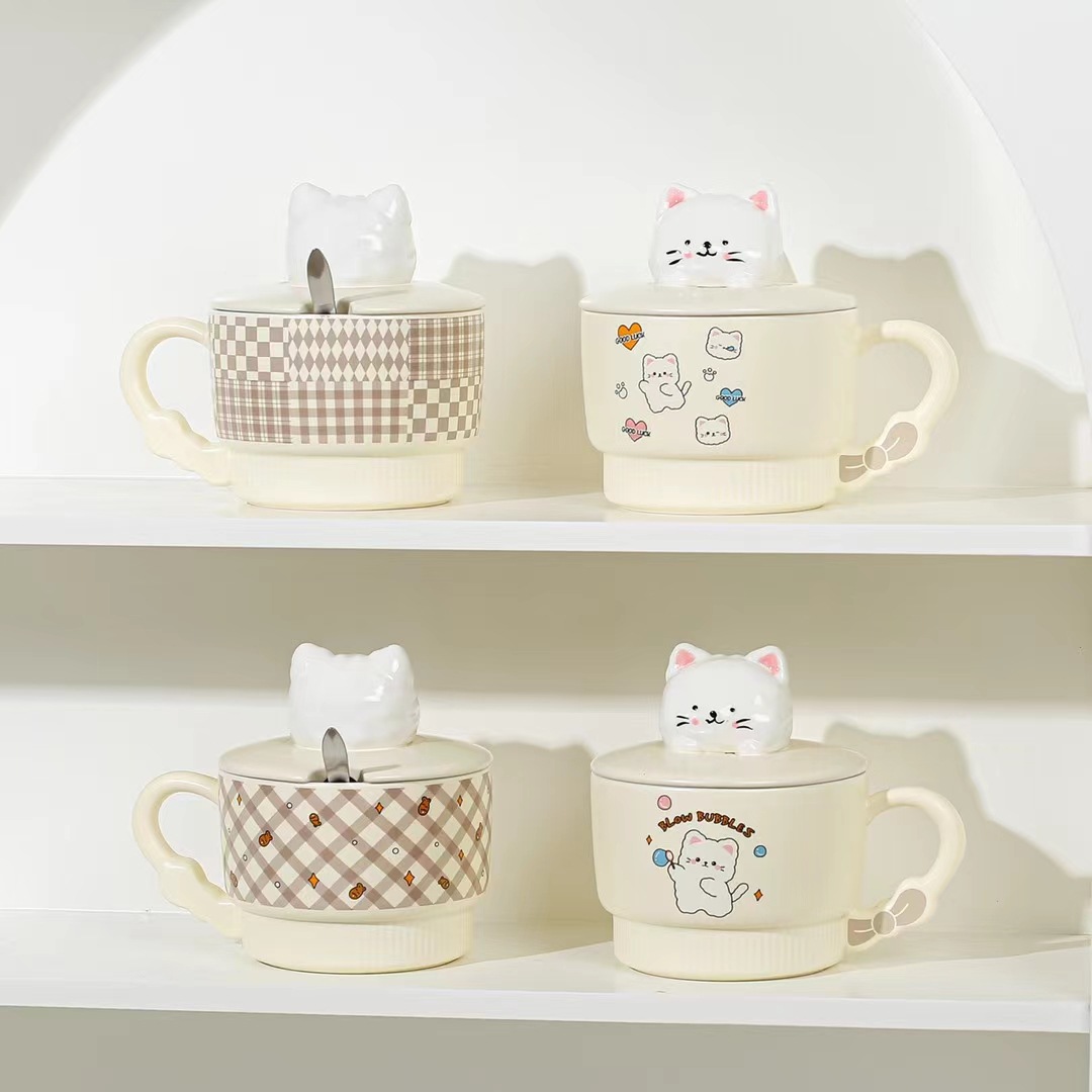 Creativo lindo gato de dibujos animados Taza de cerámica de alto aspecto taza de desayuno con tapa cuchara taza de avena con mano regalo taza de agua
