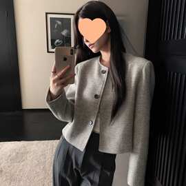 气质名媛小香风外套女2026春秋新款感修身复古圆领格纹上衣女欧美