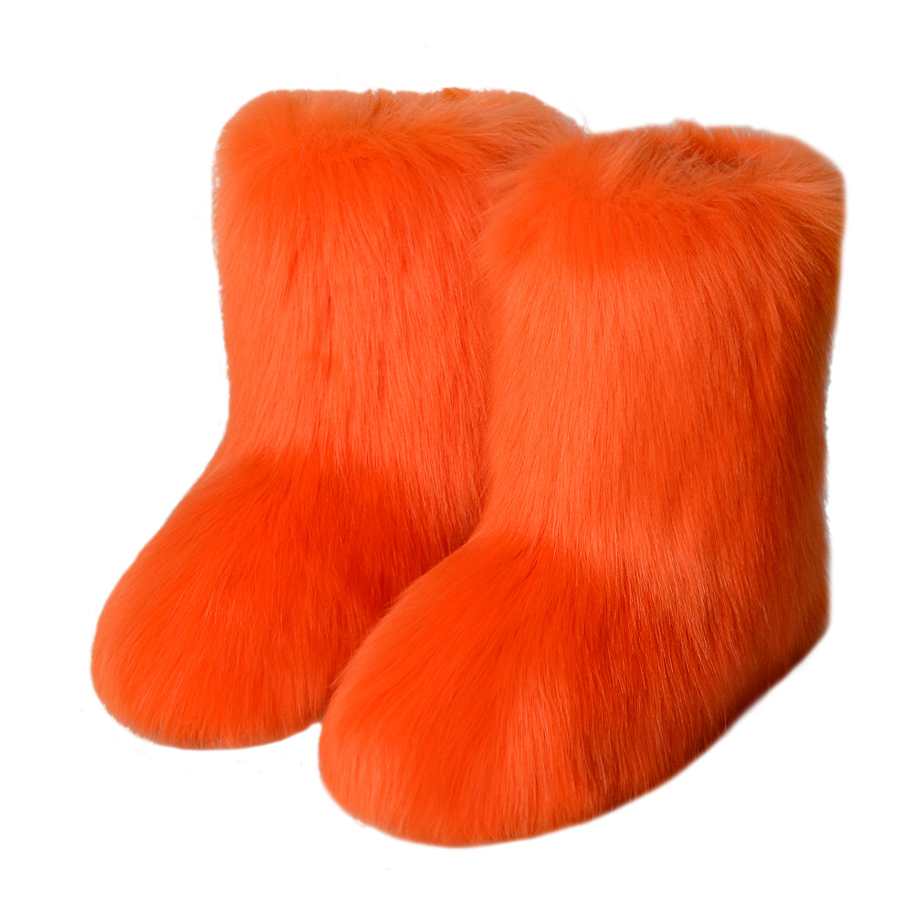 Cruz-frontera europea y americana plana de alta-superior caliente invierno botas de piel profunda boca punta redonda media-pantorrilla imitación Fox piel botas de nieve para mujeres