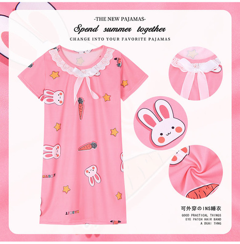 Girls' Sleep Gowns, Children's Summer Short Sleeve Baby Thin Edge Lace Dress, Cartoon Homecoming Wear for Little Girls, Medium to Large Kids