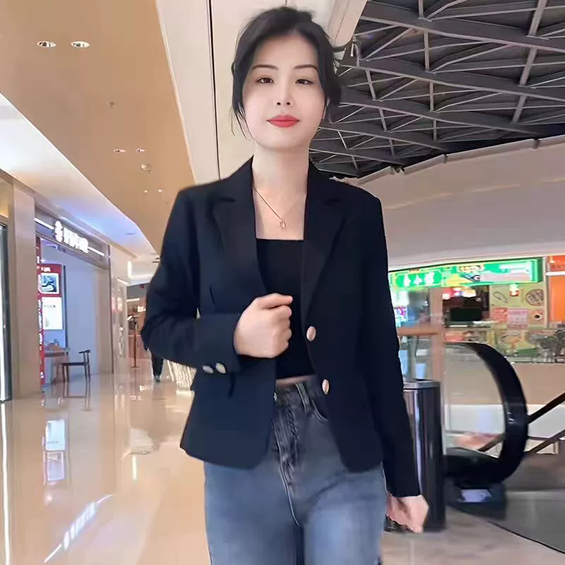 Короткий блейзер 2025 года для миниатюрных женщин, модный приталенный повседневный пиджак, черный, облегающий, простой и универсальный