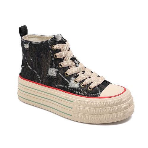 Korean-style laced holey denim canvas thick-soled casual shoes, high-top shoes, versatile, stackable, trendy
