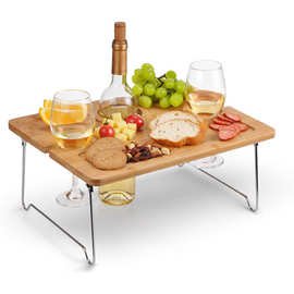 创意竹木野餐桌方形红酒杯桌沙滩烧烤户外露营便携式木质折叠餐桌