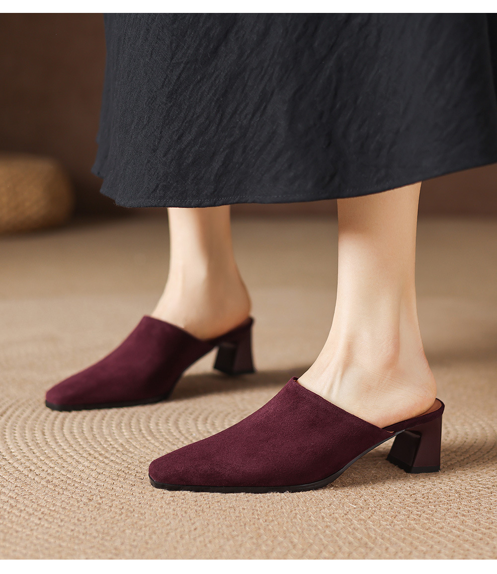 Sandal cao gót nữ mũi vuông da lộn, gót 7 cm, kiểu dáng nửa kéo — đen chi tiết 17